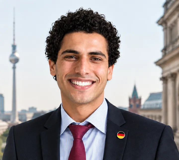 Wael El Said, beeidigter Dolmetscher und Übersetzer Arabisch Deutsch, vor der Berliner Skyline